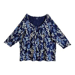 LANDS END Women's Plus 3X 24 26 Tunic Top Navy Tropical Floral Cotton Blend 54"